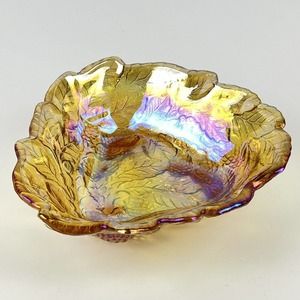 Indiana Glass Marigold Berry Leaf Dish Bowl Loganberry Iridescent Carnival Vtg